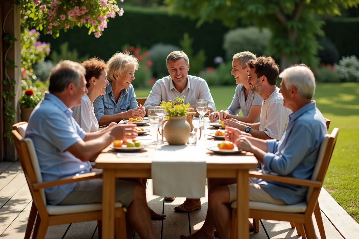 Famille réunie autour d'une grande table de jardin extensible en teck sur une terrasse en bois, repas convivial en plein air