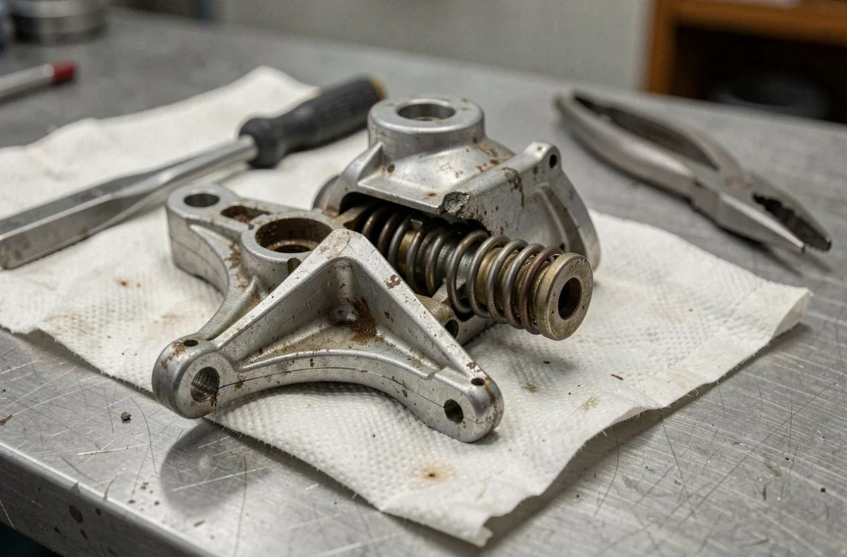 Gros plan sur un ressort régulateur moteur Briggs et Stratton démonté présentant des signes d'usure liés à un mauvais montage