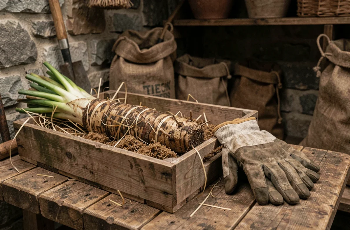 Rhizomes d'agapanthe orange stockés en caisse avec tourbe et paille pour hivernage en climat froid