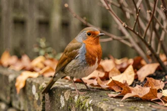 Rouge-gorge posé sur un vieux mur de pierre moussu dans un jardin d'automne, symbole de signe de l'ange gardien