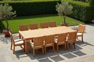 Salon de jardin en bois teck extensible entièrement déployé sur une terrasse en pierre, entouré de haies et d'oliviers en pot