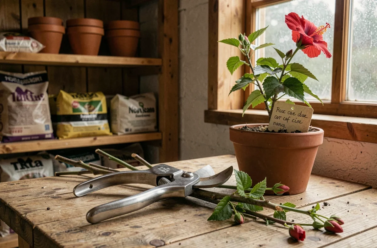 Sécateur et tiges d'hibiscus coupées sur un établi de jardinage en bois, outils pour la taille de l'hibiscus