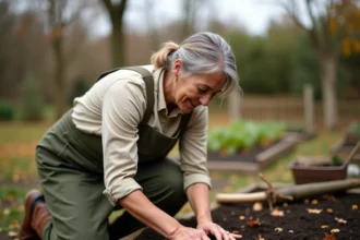 Jardinière semant des fèves en automne dans un potager avec sol humide et feuilles mortes