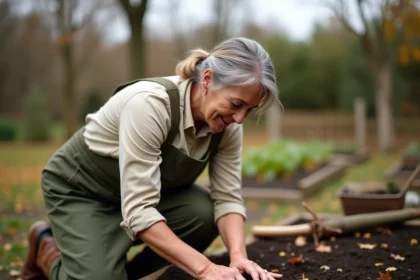Jardinière semant des fèves en automne dans un potager avec sol humide et feuilles mortes