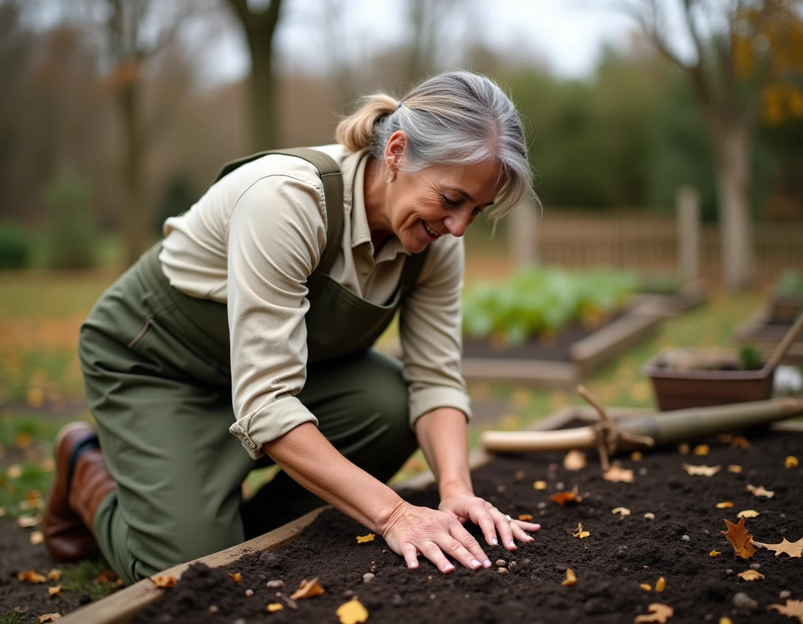 Jardinière semant des fèves en automne dans un potager avec sol humide et feuilles mortes
