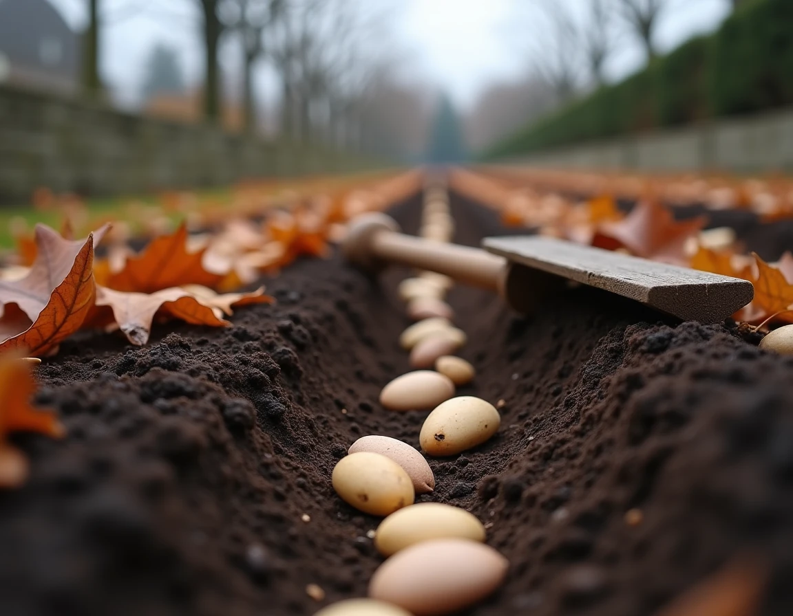 Rangs de semis de fèves en pleine terre en automne avec sol argileux et ambiance de saison froide