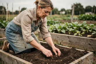 Jardinière semant des haricots en lune descendante dans un potager avec des rangs de légumes en arrière-plan