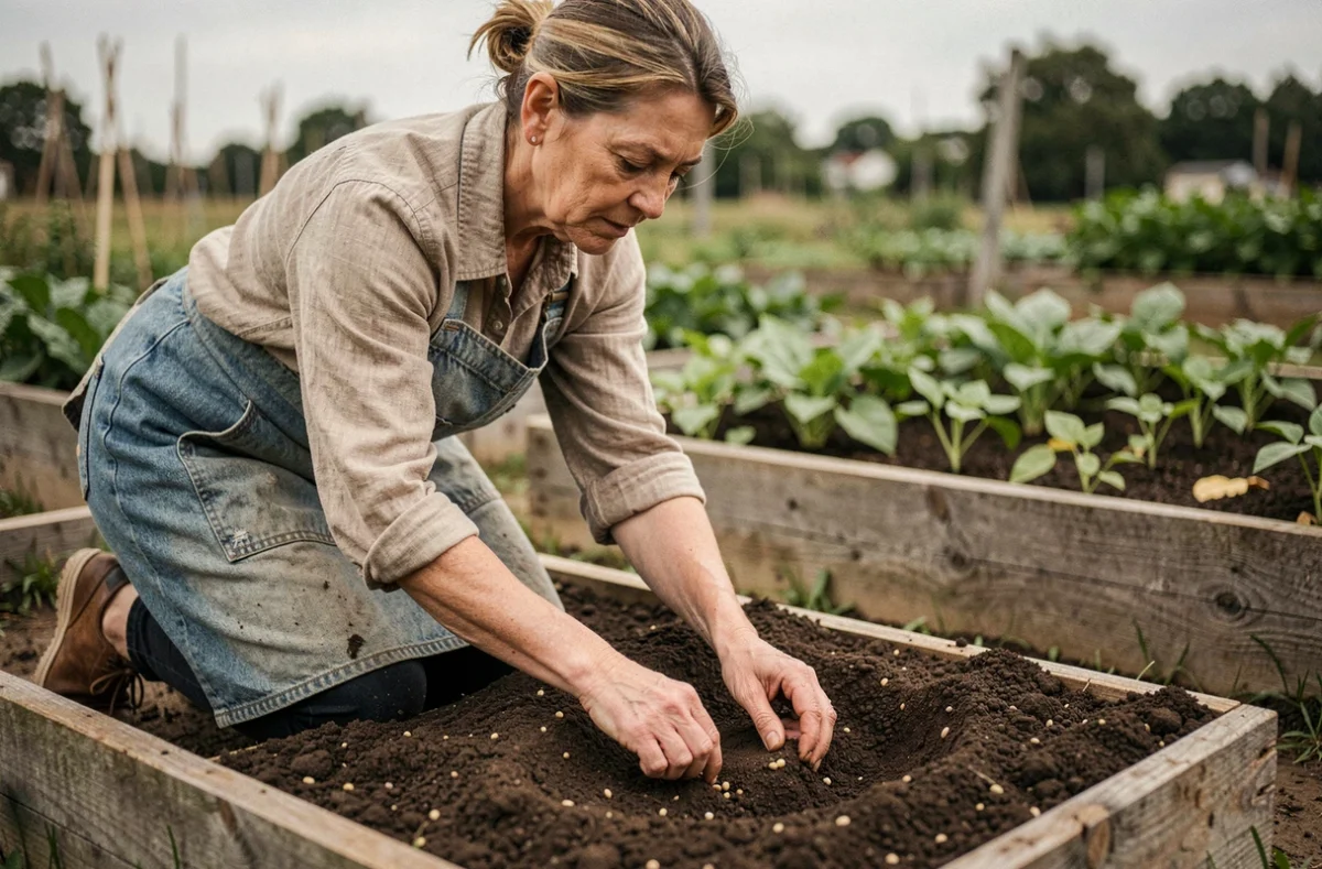 Jardinière semant des haricots en lune descendante dans un potager avec des rangs de légumes en arrière-plan