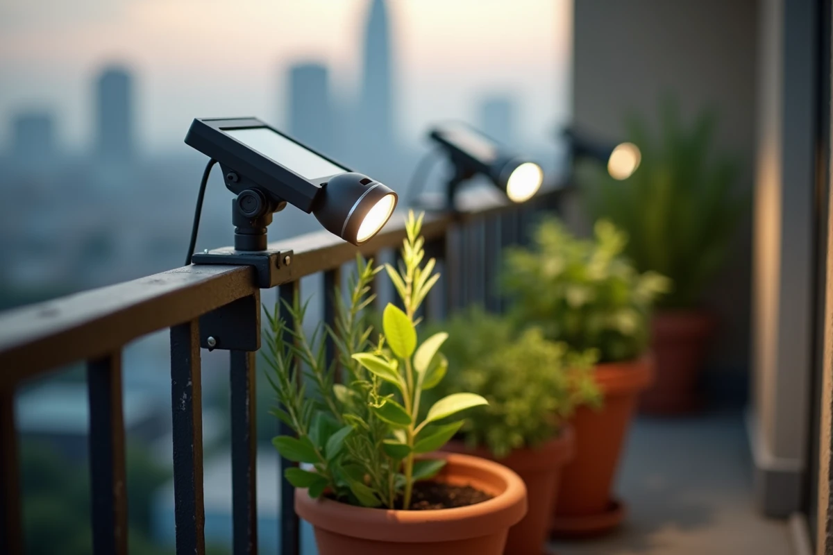 Balcon urbain avec spots solaires LED sur la rambarde métallique éclairant des herbes aromatiques dans des pots en terre cuite