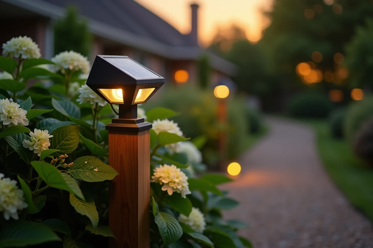 Spot solaire LED fixé sur un poteau de clôture en bois dans un jardin verdoyant avec gravier et hortensias au crépuscule