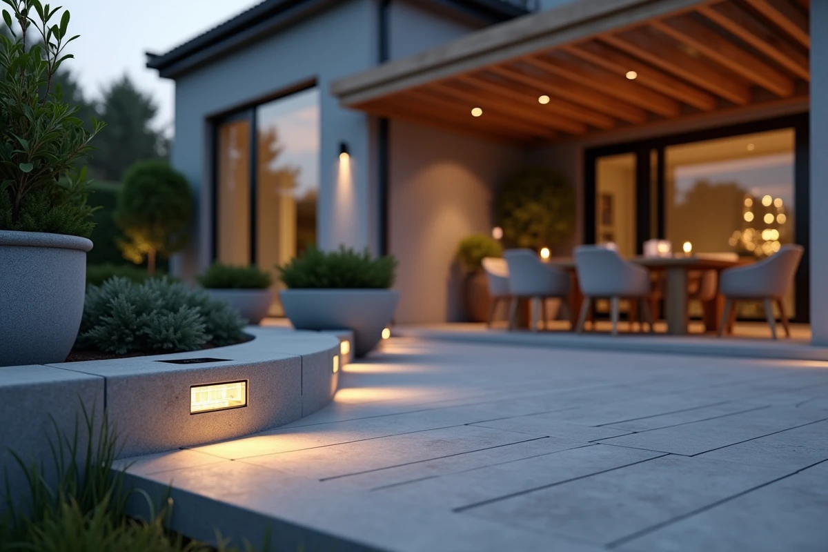 Terrasse moderne avec spots solaires LED encastrés dans le plancher composite gris entouré de plantes en pot et d'un salon de jardin en teck