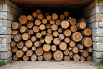 Stère de bois de chauffage en chêne et hêtre fendus, empilés contre un mur en pierre dans une grange rustique