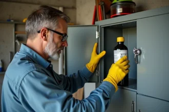 Homme adulte rangeant un herbicide dans une armoire verrouillée au garage avec équipements de protection individuelle