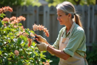 Femme taillant un arbre à crevette avec un sécateur bypass dans un jardin, technique manuelle précise sur arbuste aux bractées saumon