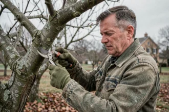 Homme taillant un pommier en hiver avec des sécateurs, dans un verger résidentiel aux branches nues