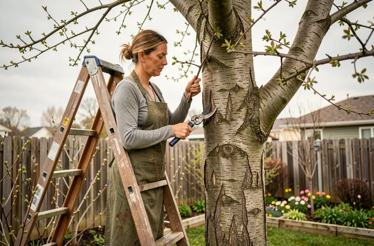 Femme sur une échelle de jardin taillant un cerisier au printemps dans un jardin résidentiel
