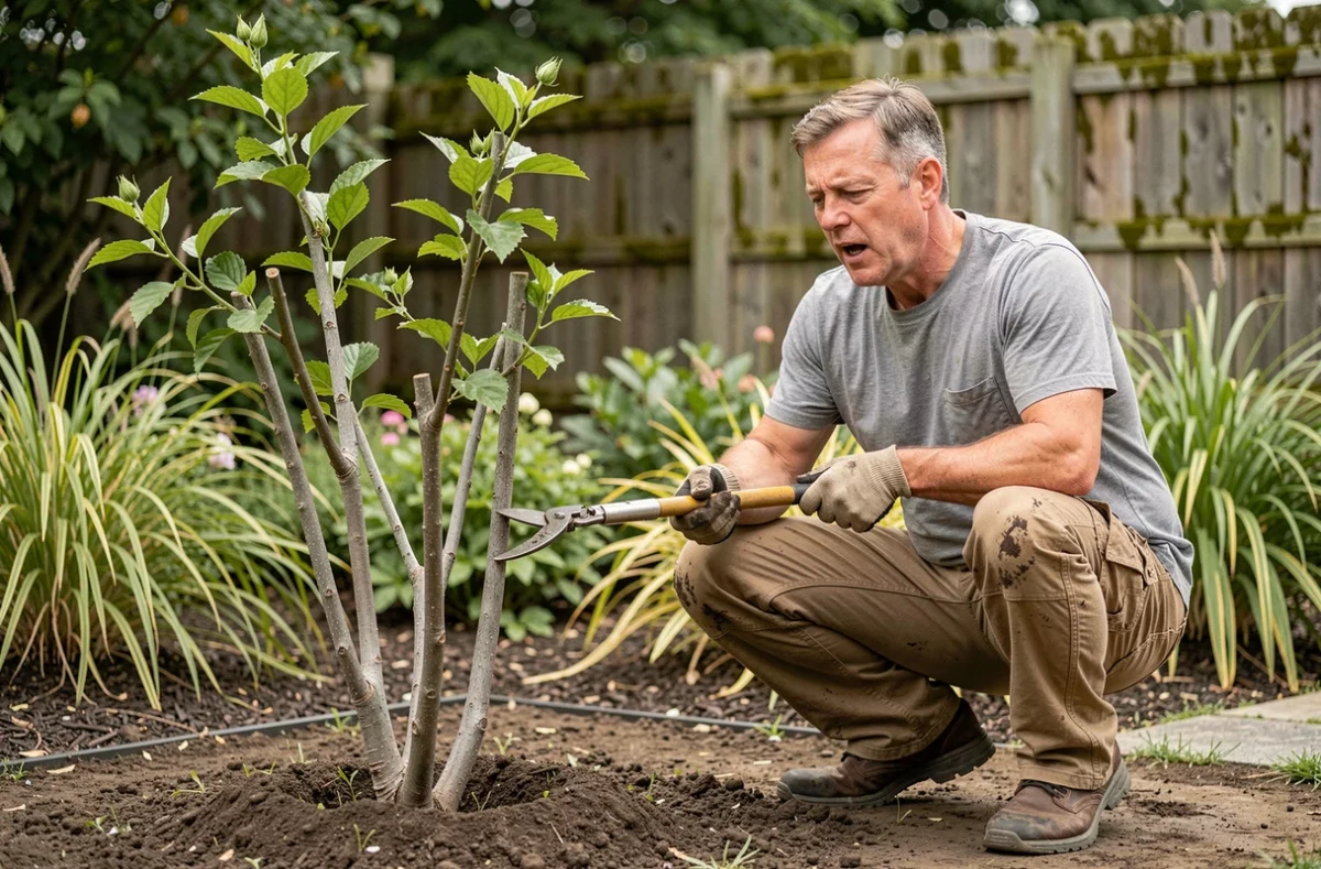 Homme taillant un hibiscus en pleine terre dans un jardin avec un sécateur à long manche, technique de rajeunissement