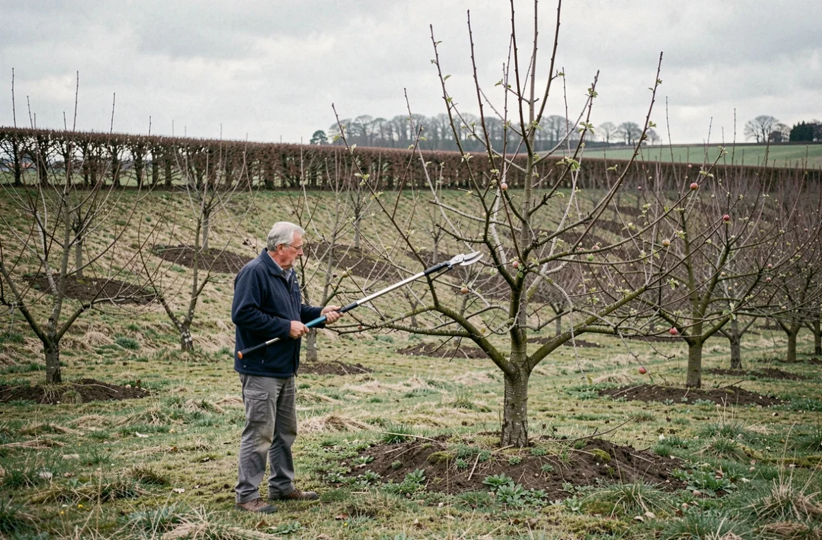 Élagueur taillant des pommiers dans un verger traditionnel en Mayenne au printemps