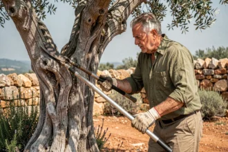 Jardinier expérimenté effectuant une taille sévère sur un ancien olivier aux branches noueuses dans une oliveraie provençale