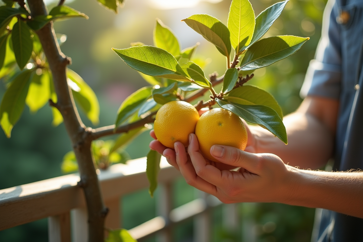 Mains taillant un citronnier quatre saisons sur un balcon ensoleille