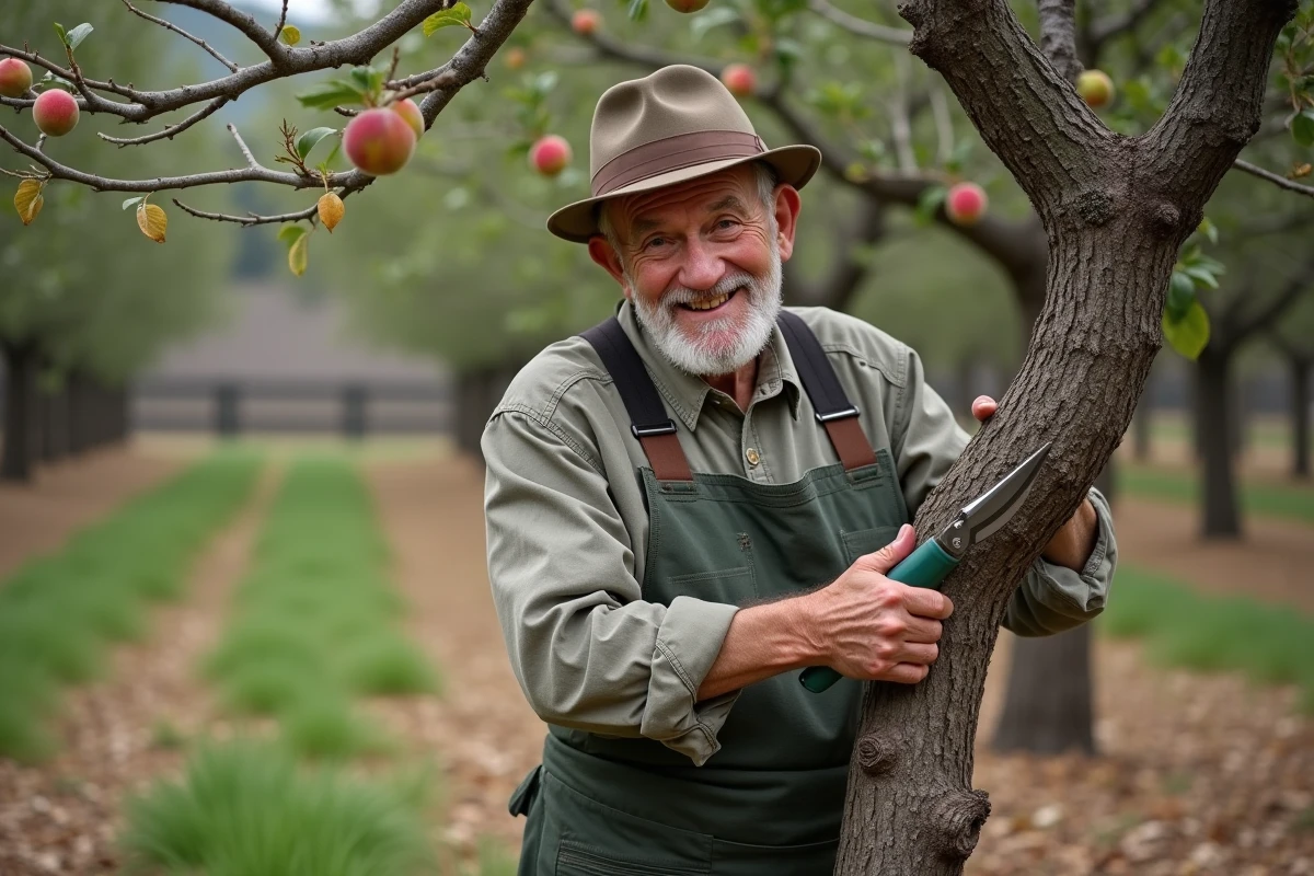 Jardinier âgé taillant un vieux pêcher dans un verger