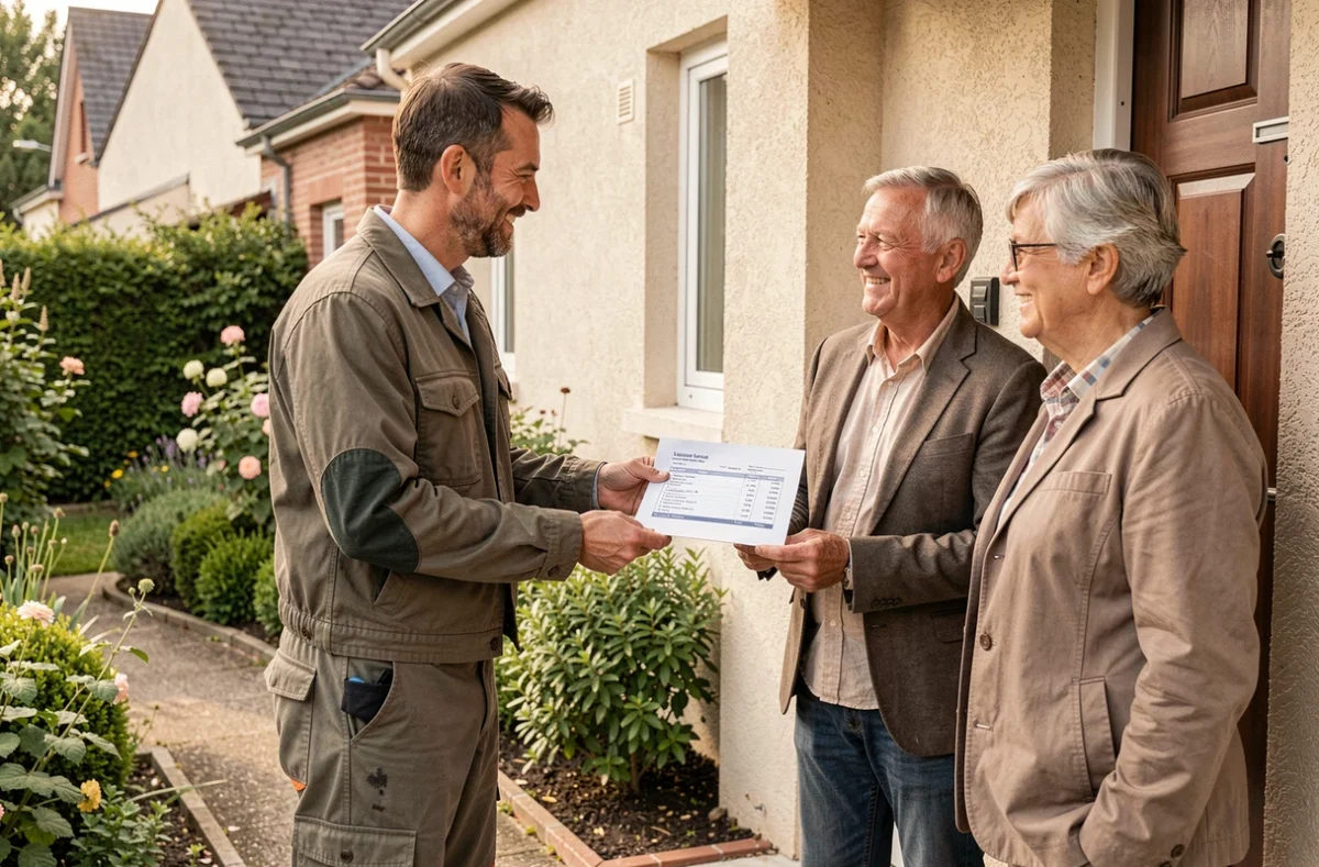 Jardinier remettant une facture à des propriétaires après une intervention à domicile dans le 93