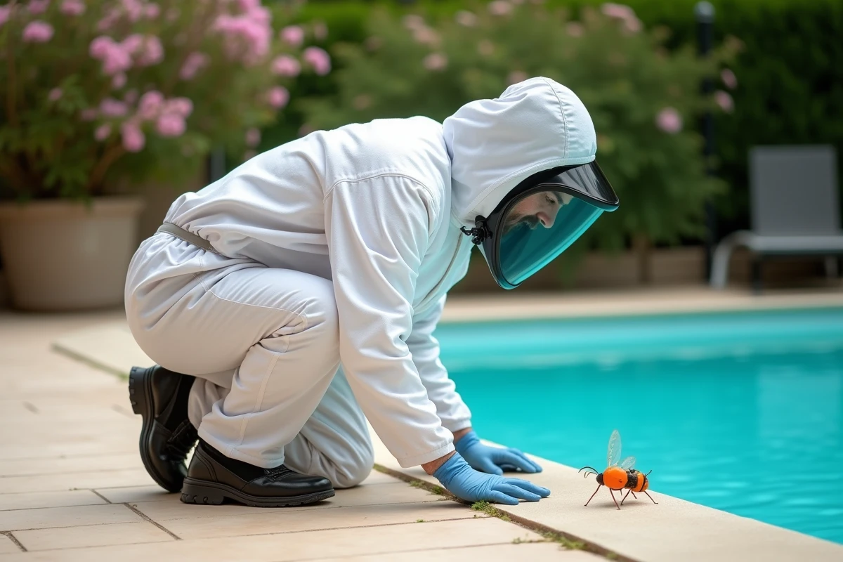 Agent de lutte antiparasitaire inspectant un nid de guêpes près de la piscine