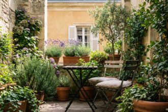 Petite terrasse bordelaise aménagée avec des plantes en pot, mobilier vintage et murs en pierre couverts de lierre, créant un coin de nature urbain.