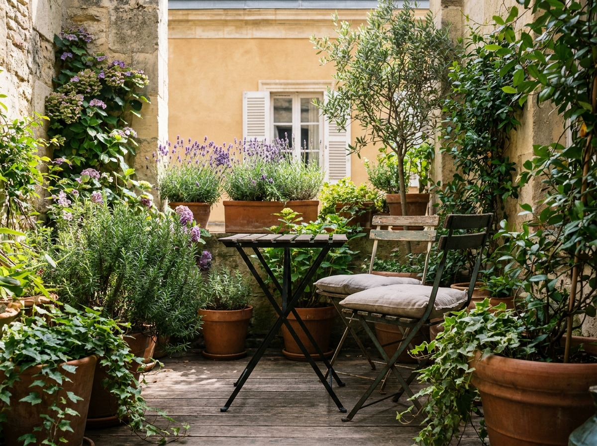 Petite terrasse bordelaise aménagée avec des plantes en pot, mobilier vintage et murs en pierre couverts de lierre, créant un coin de nature urbain.