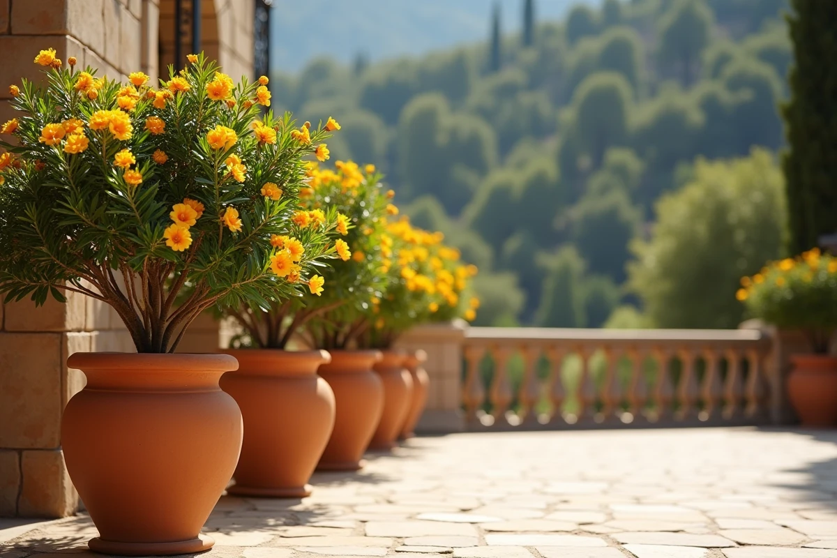 Terrasse méditerranéenne avec des lauriers roses en pots dont certains présentent des feuilles jaunes au printemps