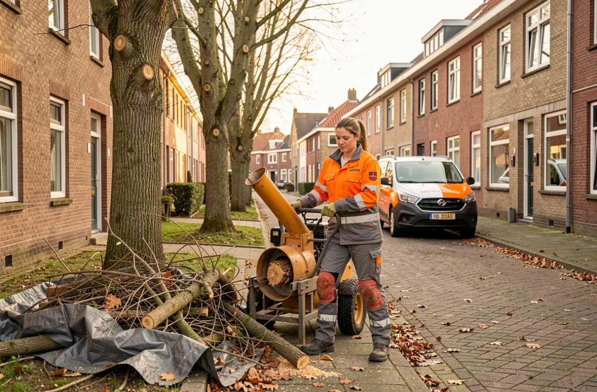 Élagueuse de Tissoires Paysages à Hem dans le Nord utilisant un broyeur de branches devant des maisons en briques typiques du Nord de la France