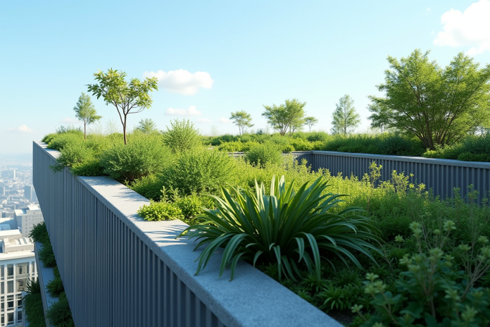 toit-vegetal-urbain Toit végétal moderne en ville avec végétation luxuriante