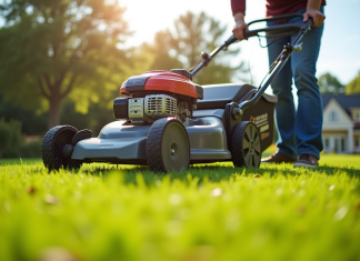 Côté pencher tondeuse gazon : bien orienter pour une coupe efficace Personne inclinant une tondeuse pour entretien sur pelouse ensoleillée