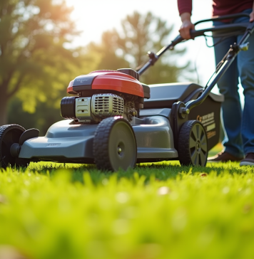 Côté pencher tondeuse gazon : bien orienter pour une coupe efficace Personne inclinant une tondeuse pour entretien sur pelouse ensoleillée