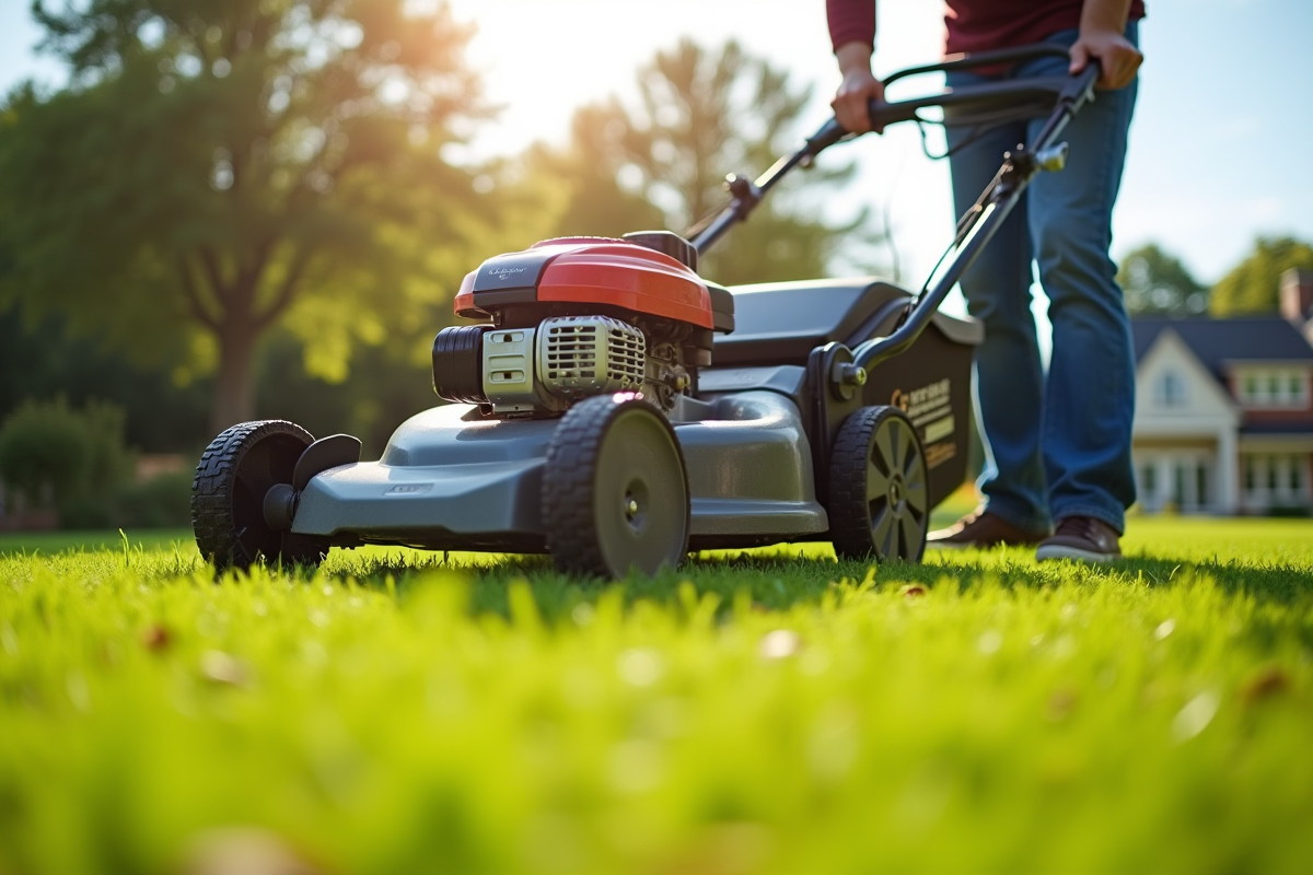 Personne inclinant une tondeuse pour entretien sur pelouse ensoleillée