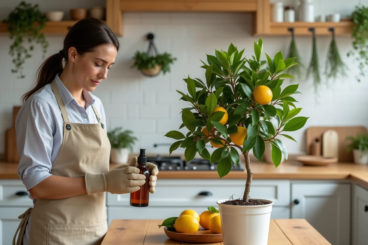 Femme appliquant un traitement naturel contre les cochenilles sur un citronnier en pot à l'intérieur d'une cuisine méditerranéenne
