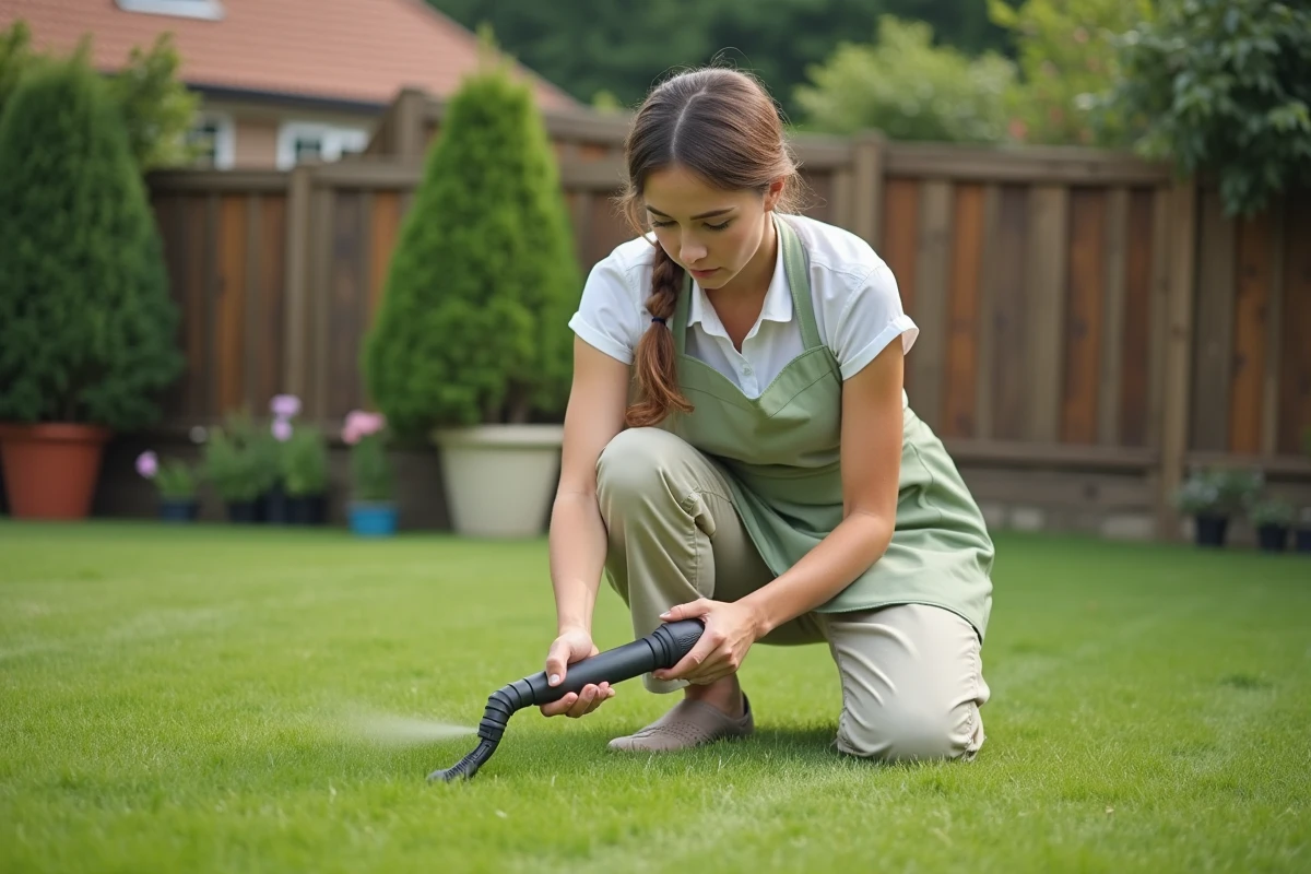 Femme appliquant un traitement sélectif herbicide sur une pelouse de jardin familial avec précaution