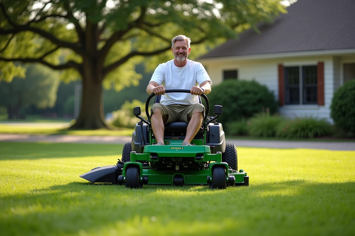 Homme utilisant un tracteur tondeuse sur une grande pelouse résidentielle pour tonte efficace