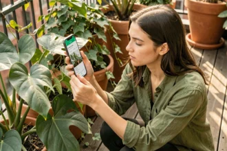 Jeune femme utilisant l'application PlantNet sur Android pour identifier une plante tropicale dans un jardin de balcon