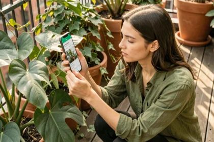 Jeune femme utilisant l'application PlantNet sur Android pour identifier une plante tropicale dans un jardin de balcon