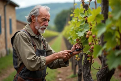 Vieux homme taillant une ancienne vigne au printemps