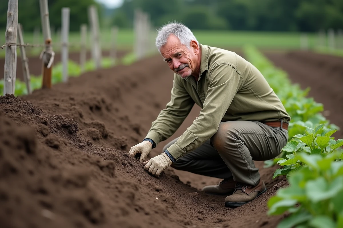 Jardinier vérifiant l'humidité du sol d'une butte haute plantée de pommes de terre dans un potager