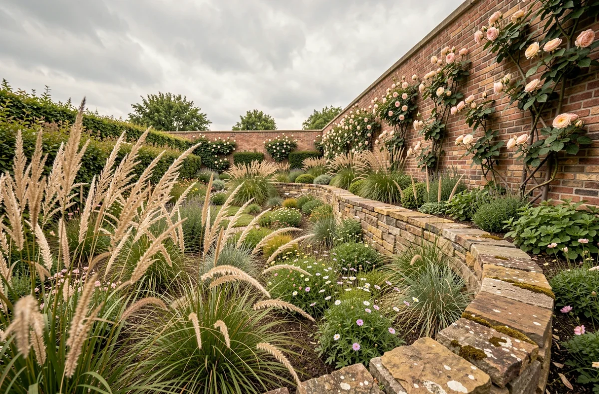 Aménagement paysager naturel signé Vétiver Jardin avec graminées ornementales et bordure en pierre sèche dans un jardin du Nord