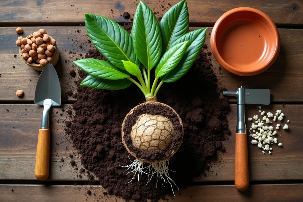 Vue aérienne des racines d'un ficus elastica sorti de son pot avec les outils de rempotage sur un établi