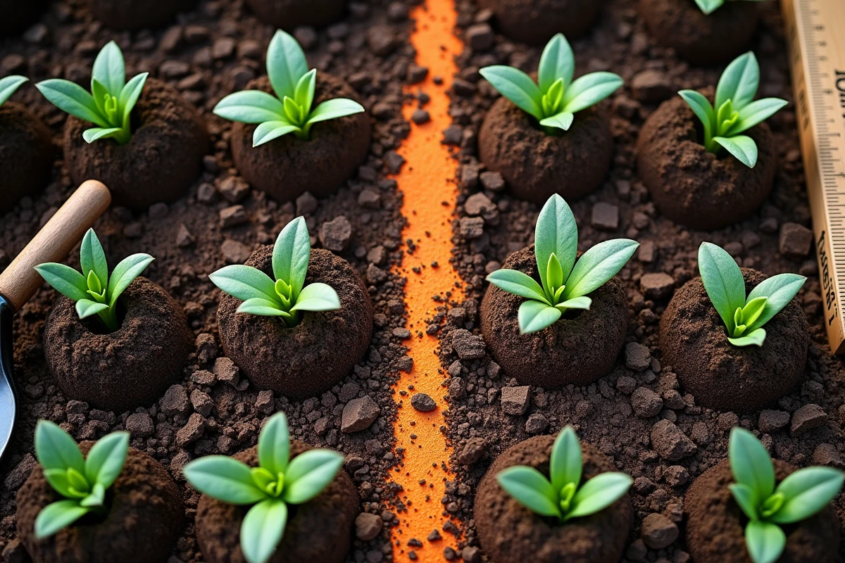 Vue du dessus de plants de lavande en rangs réguliers avec une ficelle de traçage et un outil de jardinage
